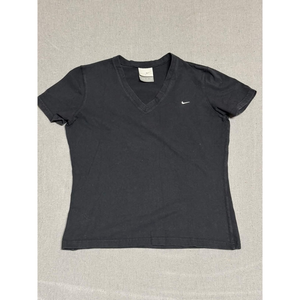 Nike Women L Large V-Neck Short Sleeve Athletic T-Shirt Black Small Logo Swoosh